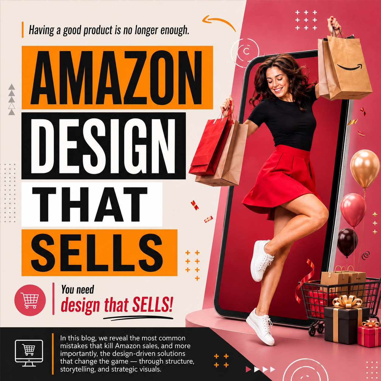 Amazon design Journal cover featuring a woman emerging from a smartphone with shopping bags beside the headline Amazon Design That Sells.