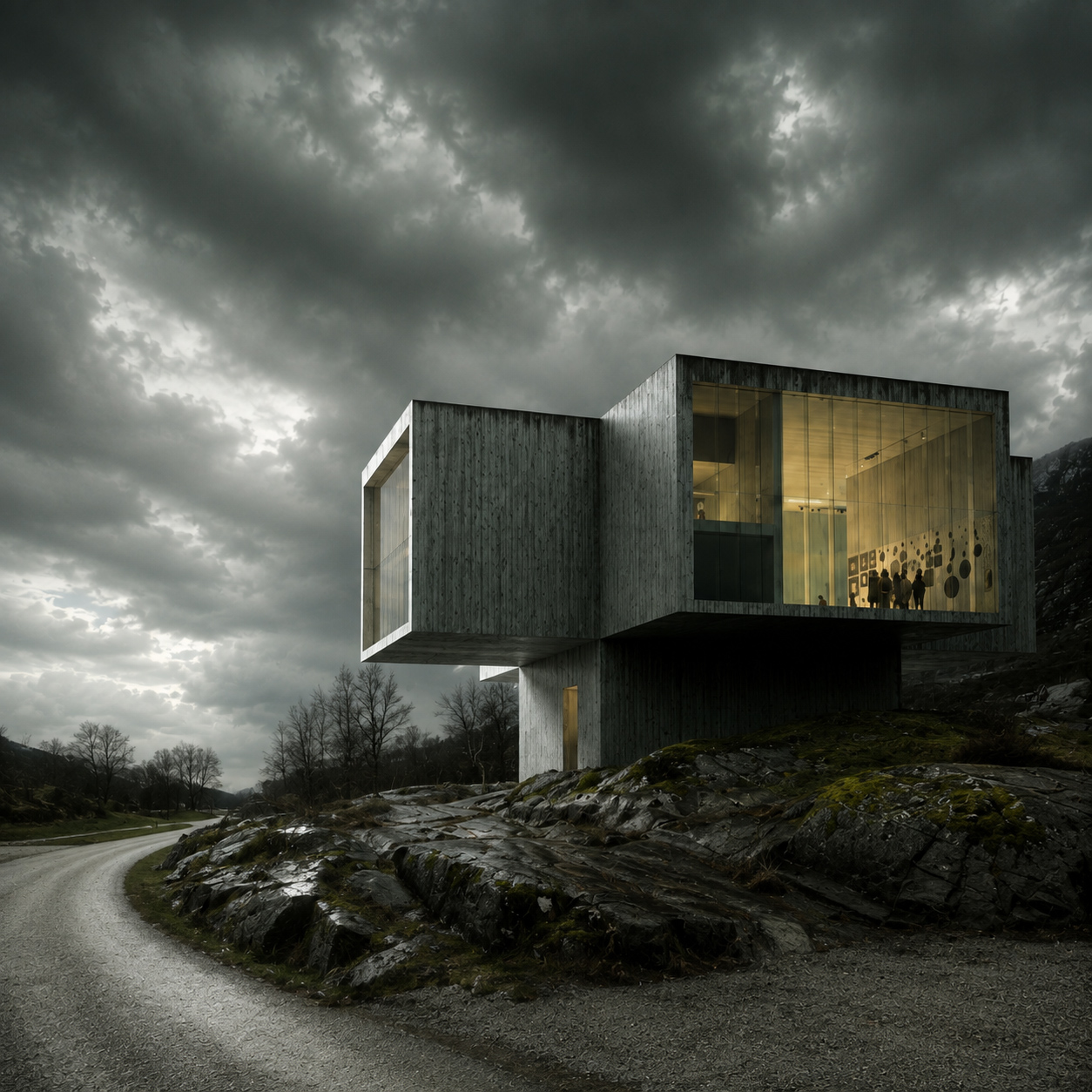 Architectural visualization of a modern concrete house in a rocky landscape under dramatic clouds, with a lit interior and a curving road leading toward the building.