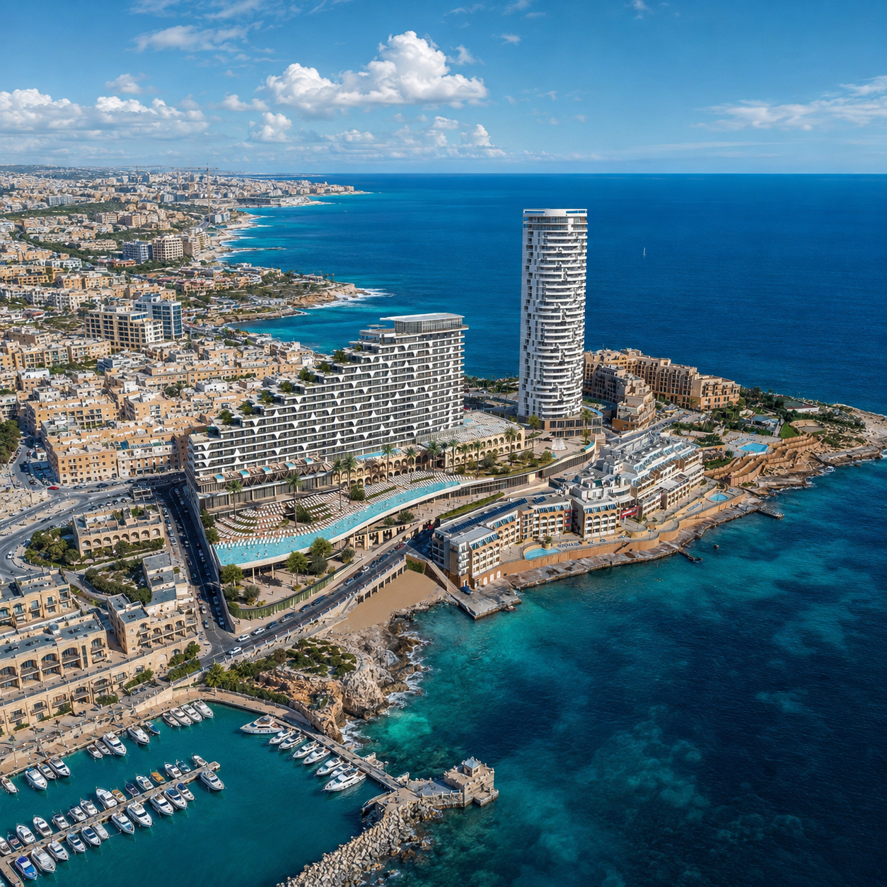 Aerial architectural visualization of a large coastal mixed-use development with a stepped building, high-rise tower, waterfront amenities, marina, and surrounding urban context.