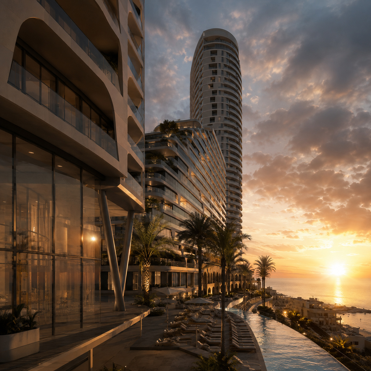 Sunset architectural visualization of a luxury coastal development with a high-rise tower, terraced residential volumes, landscaped terraces, palm trees, and an infinity pool overlooking the sea.