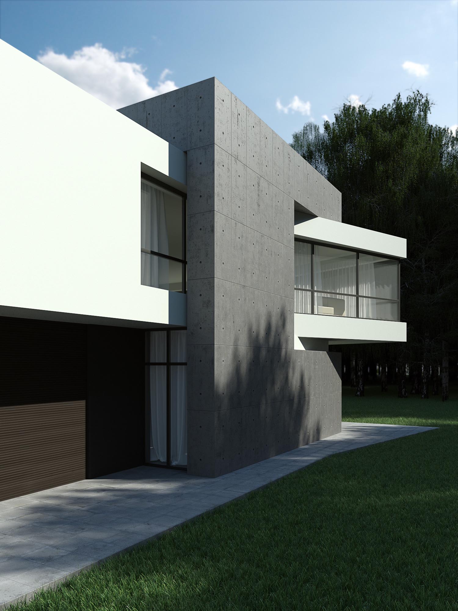 Modern residential architecture visualization showing a contemporary house with exposed concrete, white geometric volumes, large glazing, and landscaped surroundings.