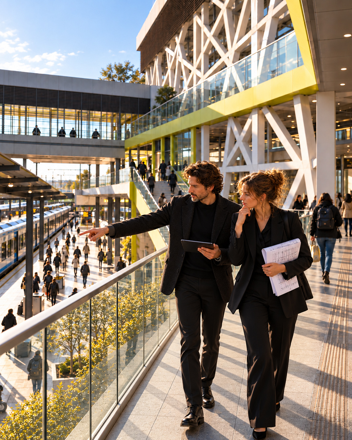 Architectural team observing pedestrian circulation from an elevated walkway within an active railway station while reviewing plans and real-world movement through the space.