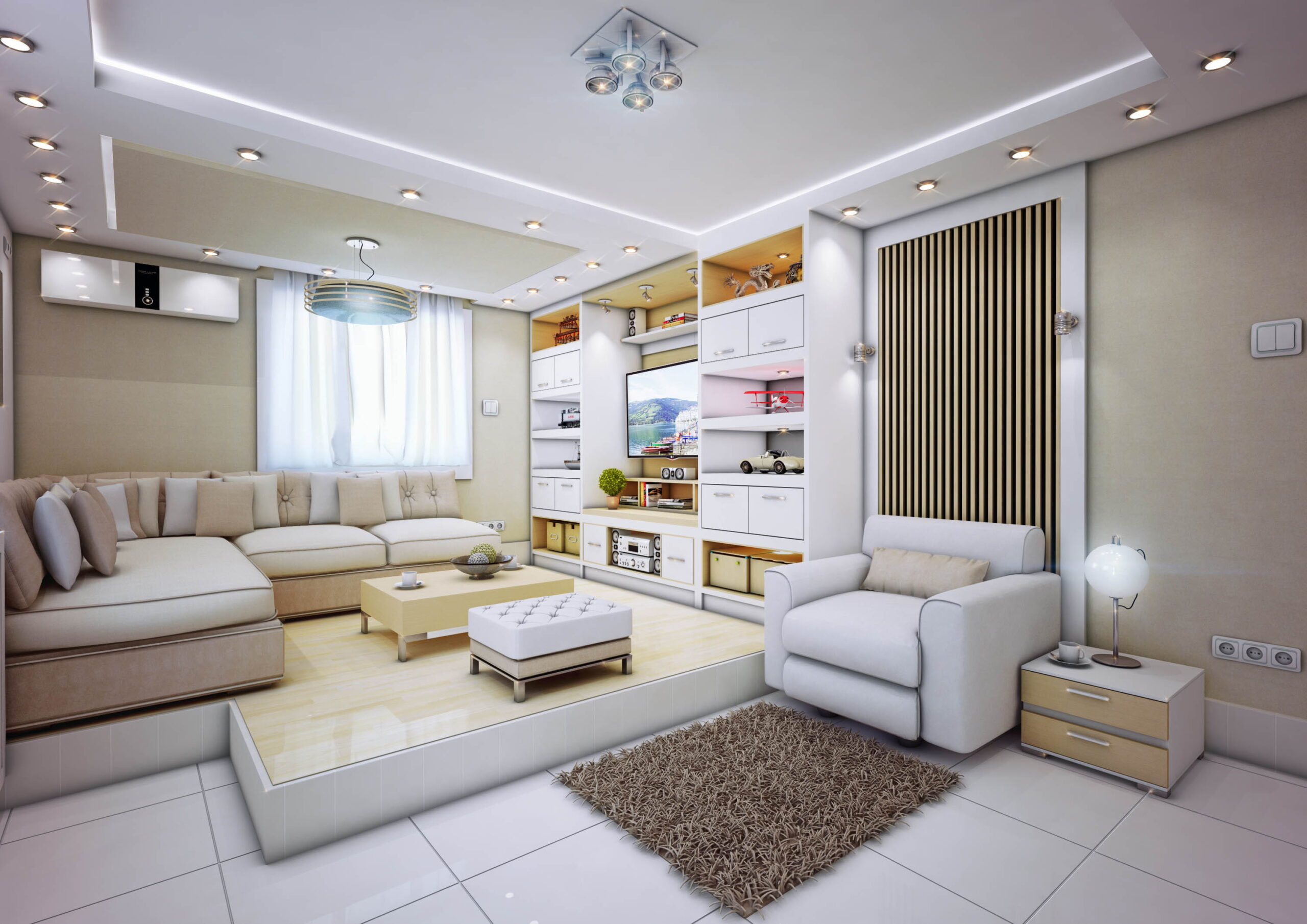 Residential living room architectural visualization showing custom built-in storage, layered lighting, integrated media wall, seating, and coordinated interior finishes.