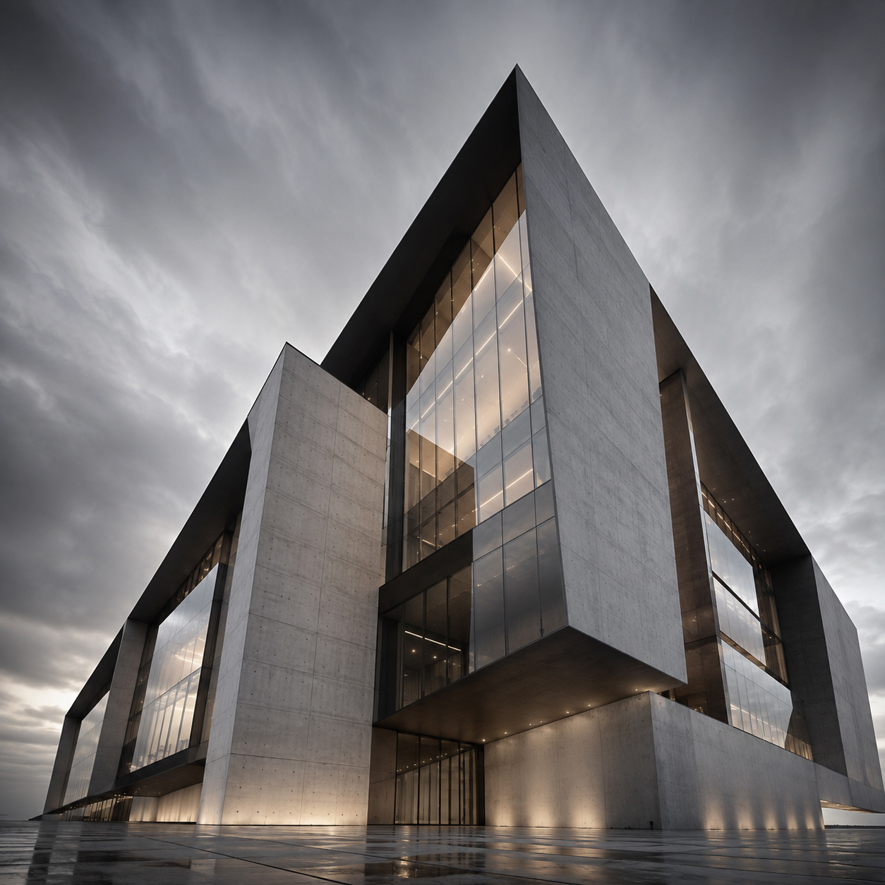 Dramatic architectural visualization of a monumental concrete and glass building presented without supporting plans, technical context, or project evidence.