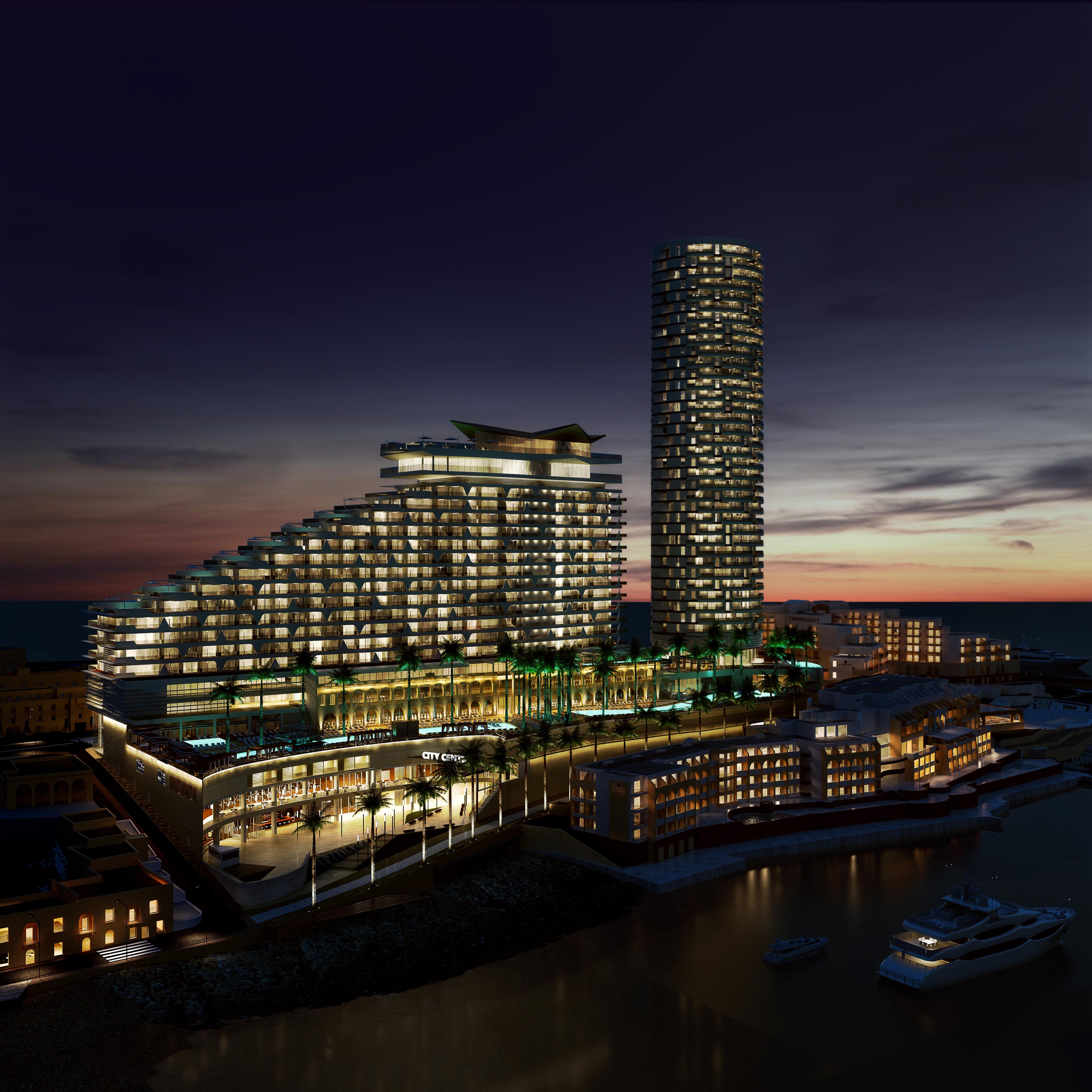 Night architectural visualization of a large waterfront mixed-use development with a stepped residential complex, high-rise tower, illuminated public areas, marina, and surrounding urban buildings.