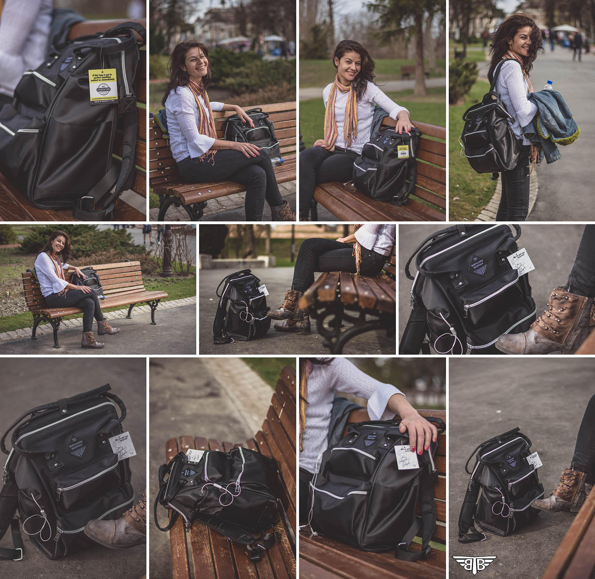 Lifestyle photography sequence showing a woman using the BodyGuard Backpack in a park, where multiple images work together as one visual story.