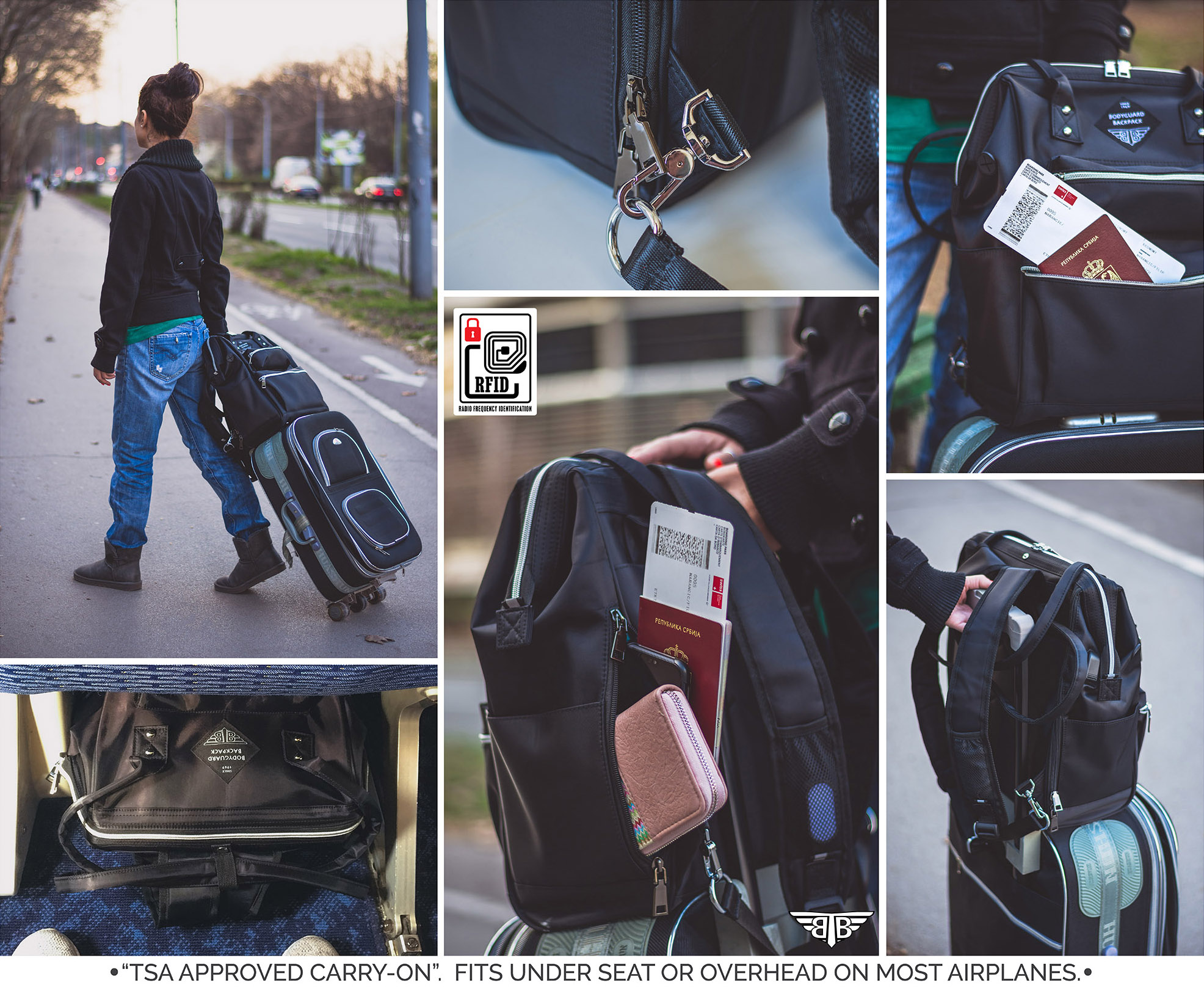 Lifestyle photography sequence showing the BodyGuard Backpack used during travel, including rolling luggage compatibility, secure compartments, RFID protection, and passport storage.