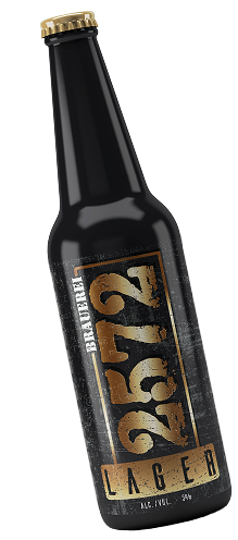 Black Brauerei 2572 Lager beer bottle with a vertical metallic gold label design.