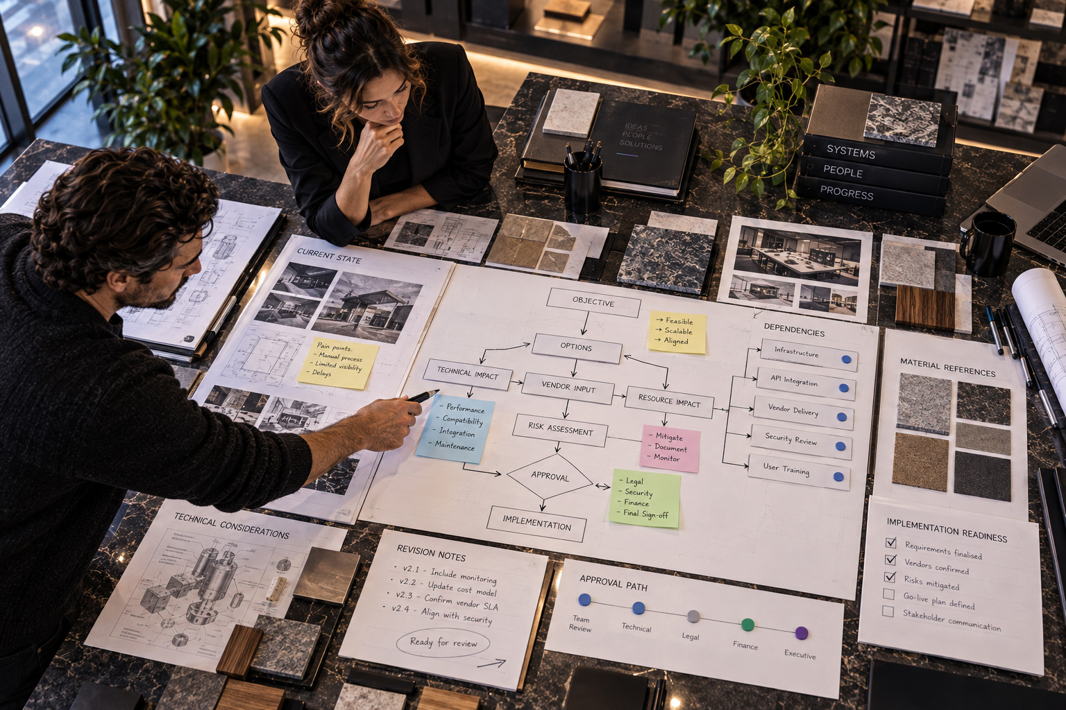 Consultants mapping project objectives, technical dependencies, vendor inputs, risks, approvals, and implementation requirements.