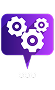Purple speech bubble icon with three white gears representing consulting and technical support services