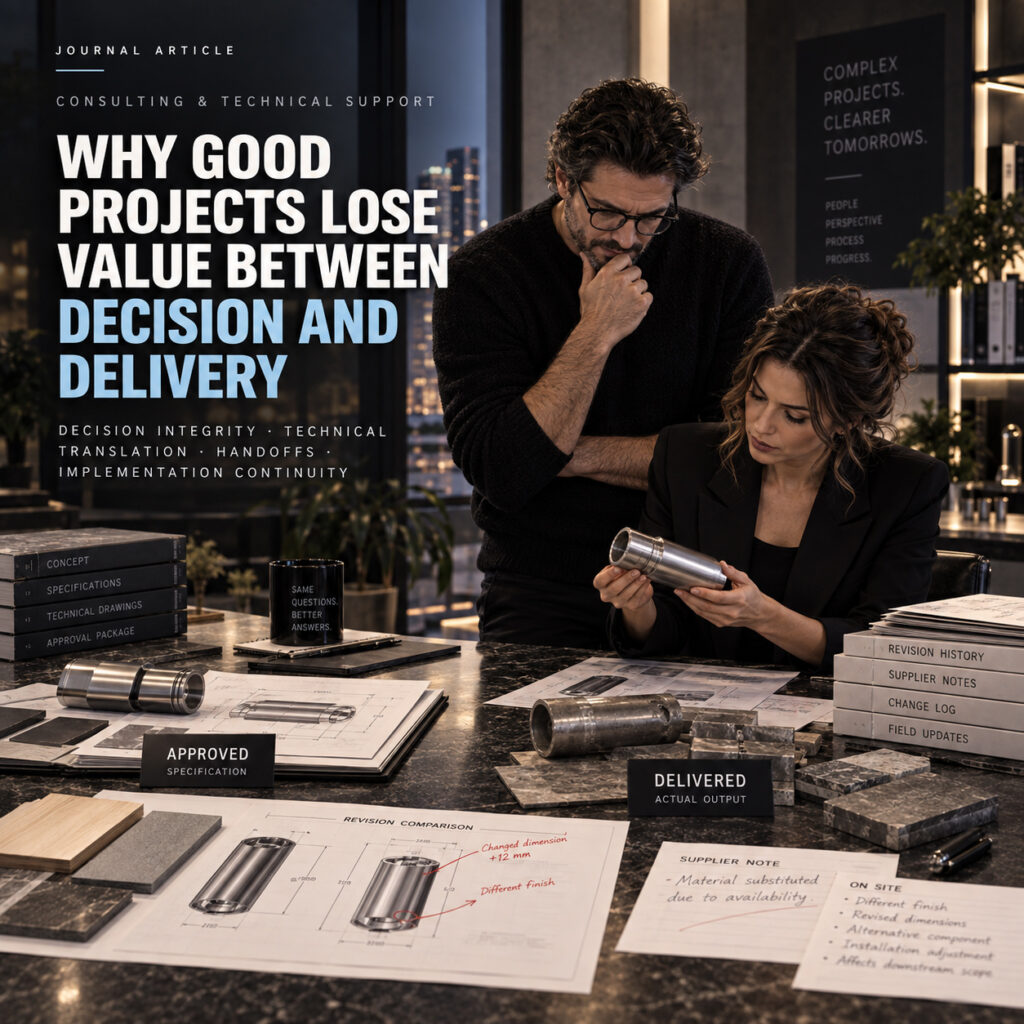 Main cover image for the Journal article Why Good Projects Lose Value Between Decision And Delivery, showing two professionals reviewing a component, technical drawings, revisions, and implementation changes.