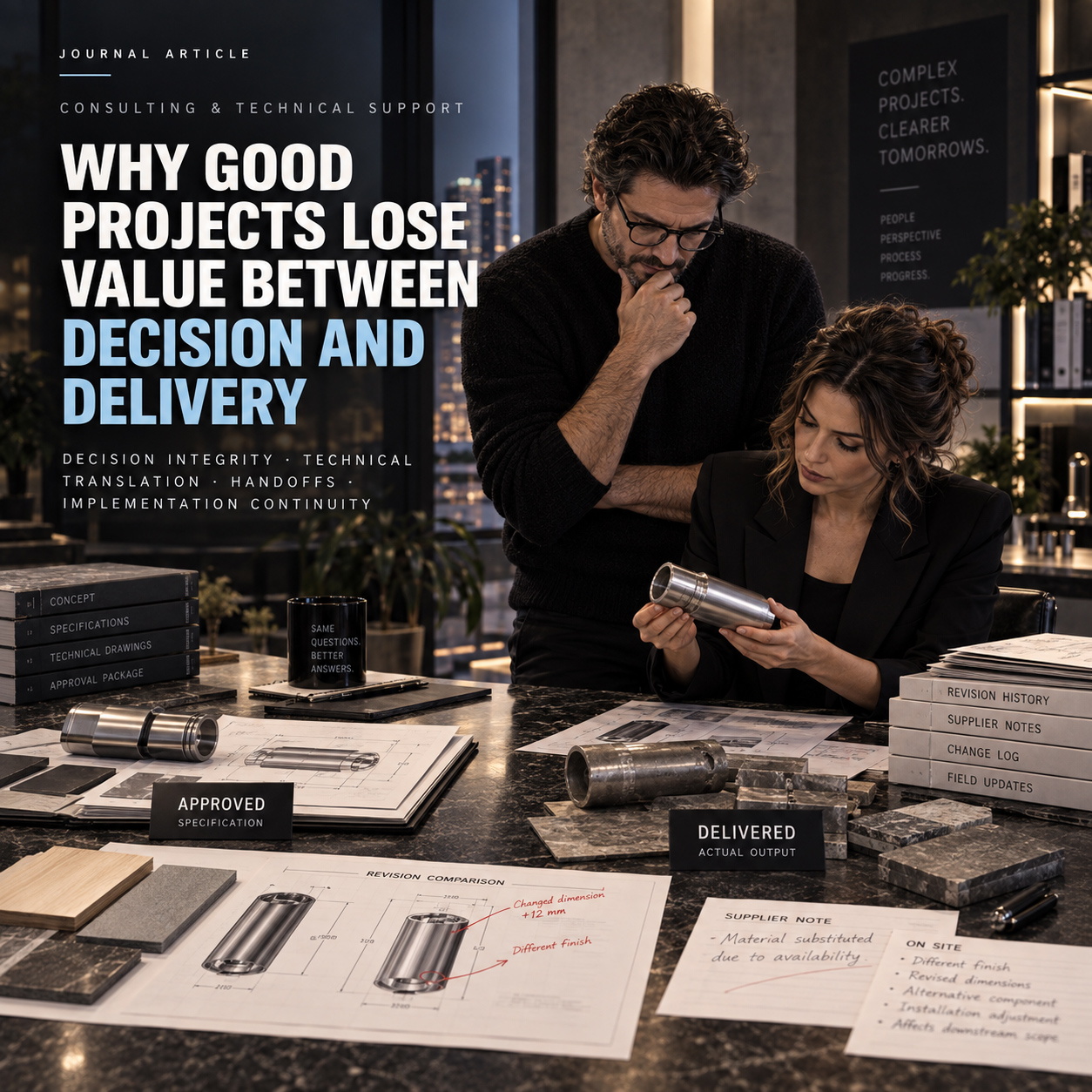 Main cover image for the Journal article Why Good Projects Lose Value Between Decision And Delivery, showing two professionals reviewing a component, technical drawings, revisions, and implementation changes.