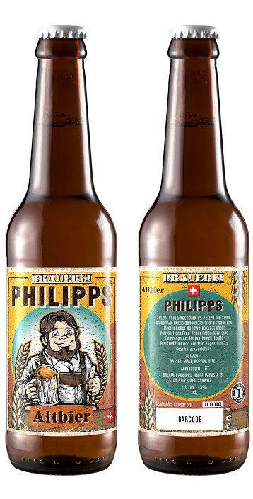 Front and back views of illustrated craft beer label packaging displayed on two brown glass bottles.