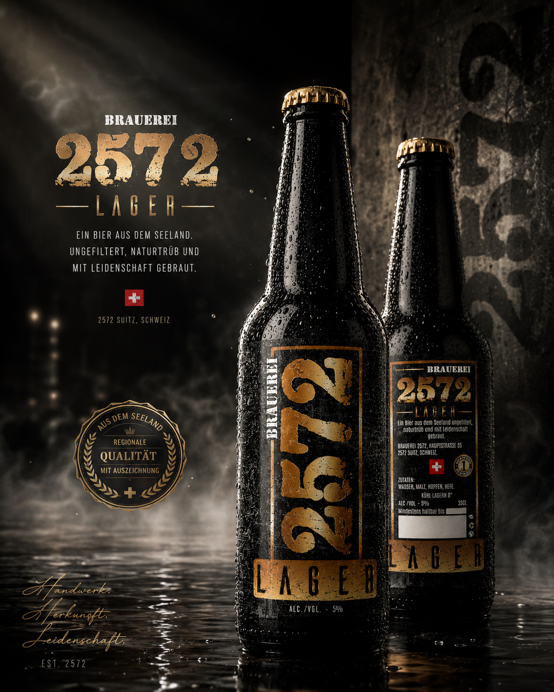 Brauerei 2572 Lager beer bottles with black and gold label design, Swiss origin details, typography, and premium packaging presentation.
