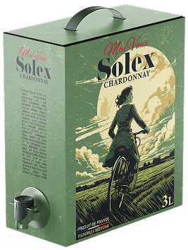 Chardonnay boxed wine packaging with illustrated cyclist landscape, sage green color palette, integrated handle, and dispensing tap.
