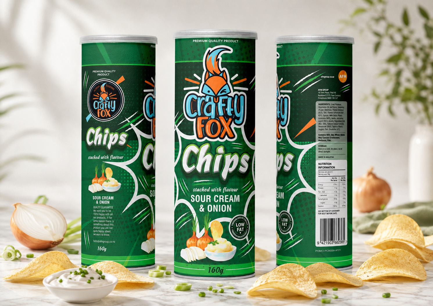 Crafty Fox sour cream and onion chips packaging shown from multiple angles with coordinated branding, typography, product information, and label design.