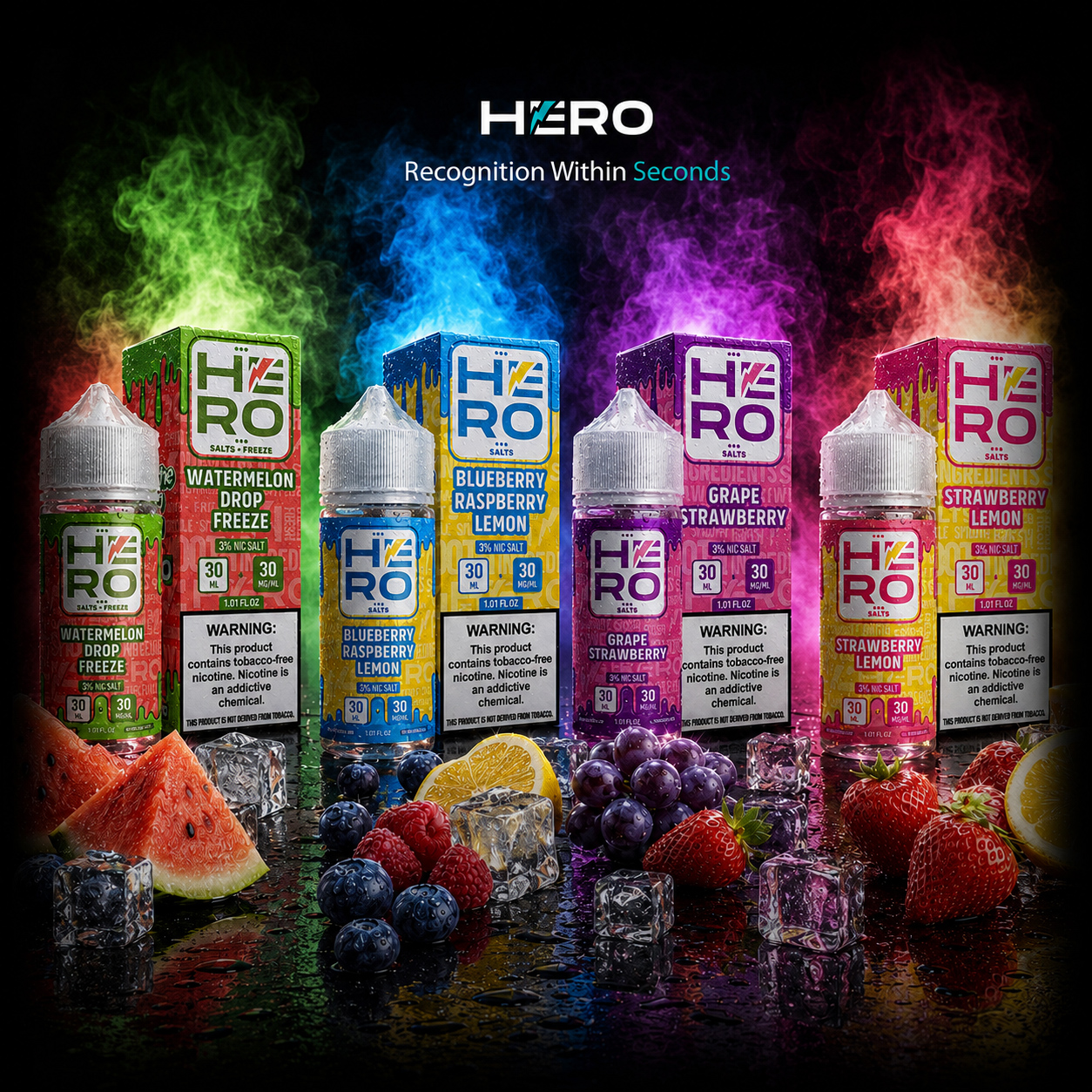 HERO product packaging range showing multiple flavor variants with coordinated branding, color coding, typography, and label design.