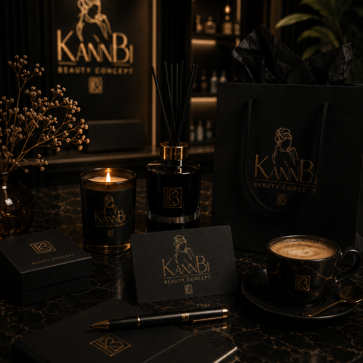 KannBi Beauty Concept brand identity presented across packaging, shopping bag, business card, candle, diffuser, stationery, and branded lifestyle objects in a premium black and gold visual system.
