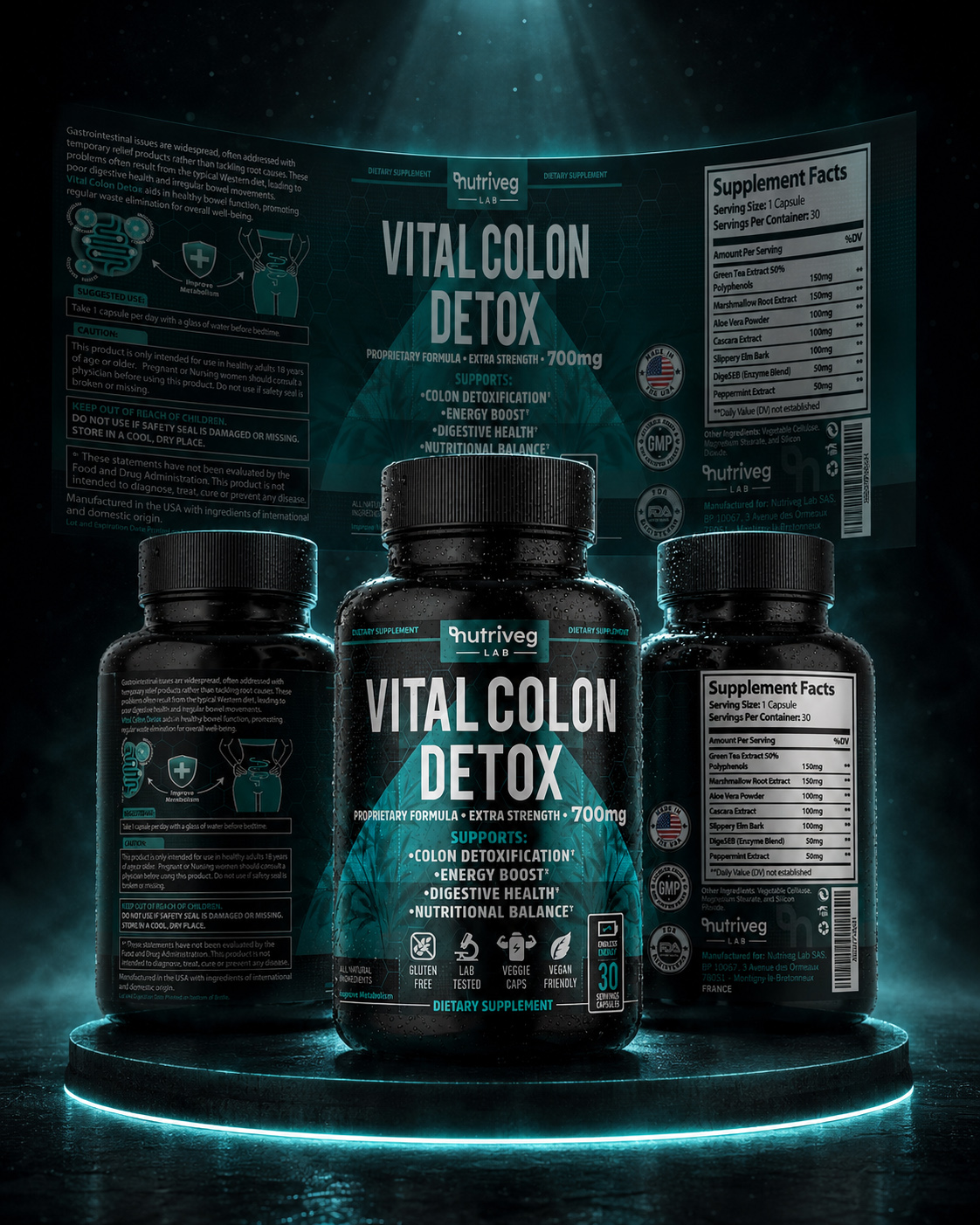 Vital Colon Detox supplement packaging and label design presented across front, side, and supplement facts views in a premium product composition.