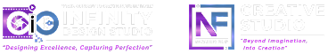 Combined Infinity Design Studio and NF Creative Studio logo representing the corporate identity and its personal creative brand as one unified studio presence.