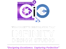 Stacked Infinity Design Studio corporate logo featuring the geometric infinity symbol, studio wordmark, and brand taglines.