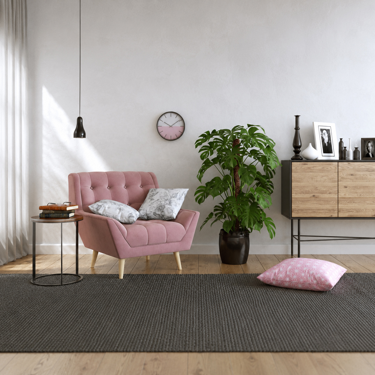 Interior visualization of a living room with a pink upholstered armchair, side table, books, large potted plant, wooden cabinet, wall clock, and soft natural material variation.