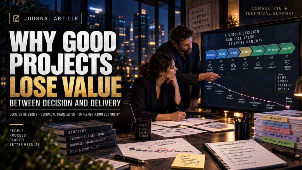 Editorial cover image for the Journal article Why Good Projects Lose Value Between Decision And Delivery, showing two professionals reviewing a manufactured component, technical drawings, and project documentation in a consulting environment.