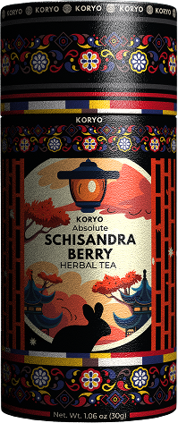 KORYO Absolute Schisandra Berry Herbal Tea canister with richly illustrated Korean-inspired packaging artwork.