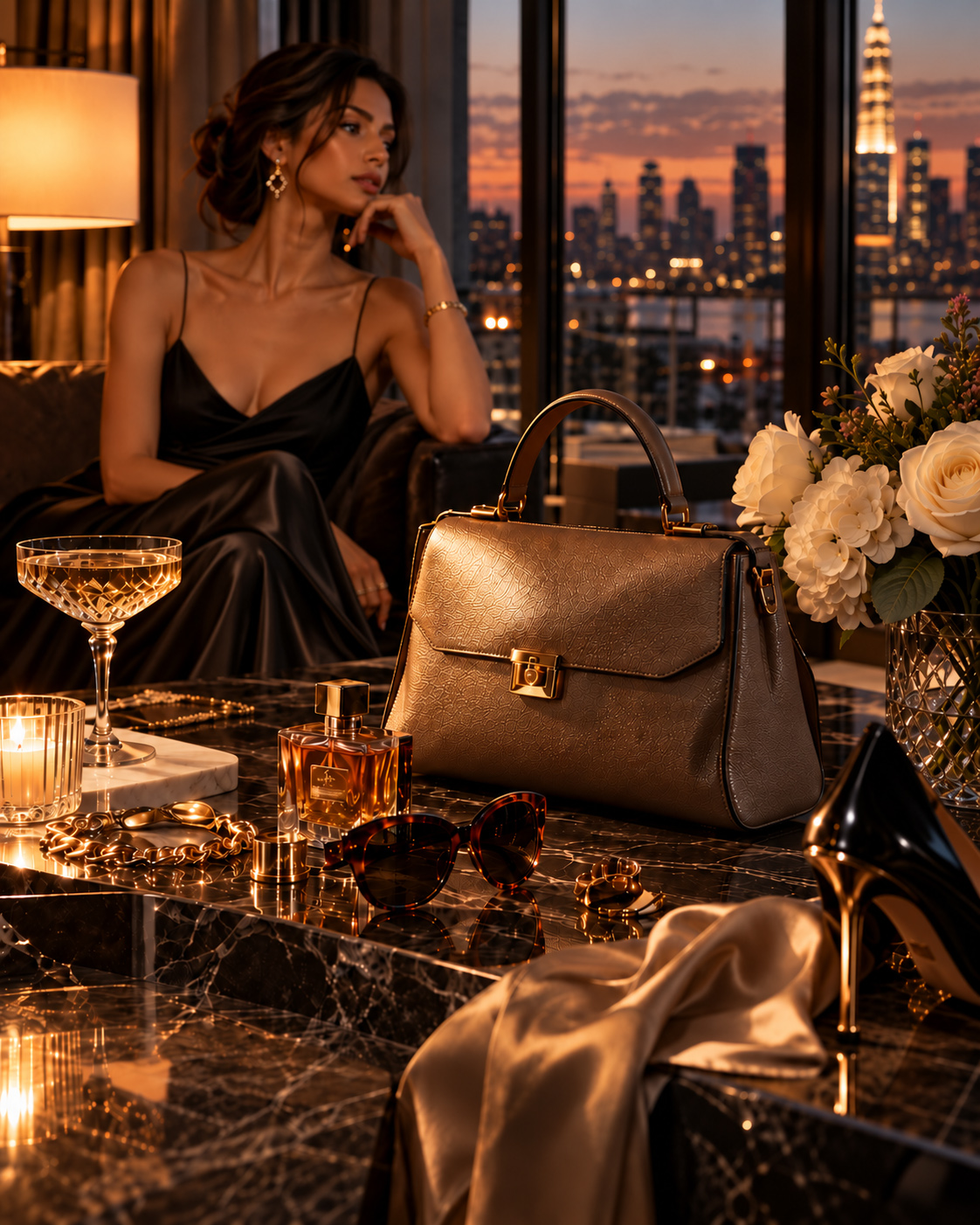 Luxury handbag photographed on a dark marble table with perfume, sunglasses, jewelry, flowers, glassware, and an elegantly dressed woman in the background.