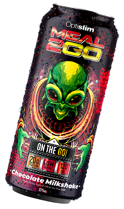 Optislim Meal 2 Go chocolate milkshake can featuring a vivid alien illustration and energetic packaging graphics.