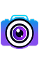 Stylized camera icon with a circular lens in black, white, and purple, outlined with blue and purple accents.