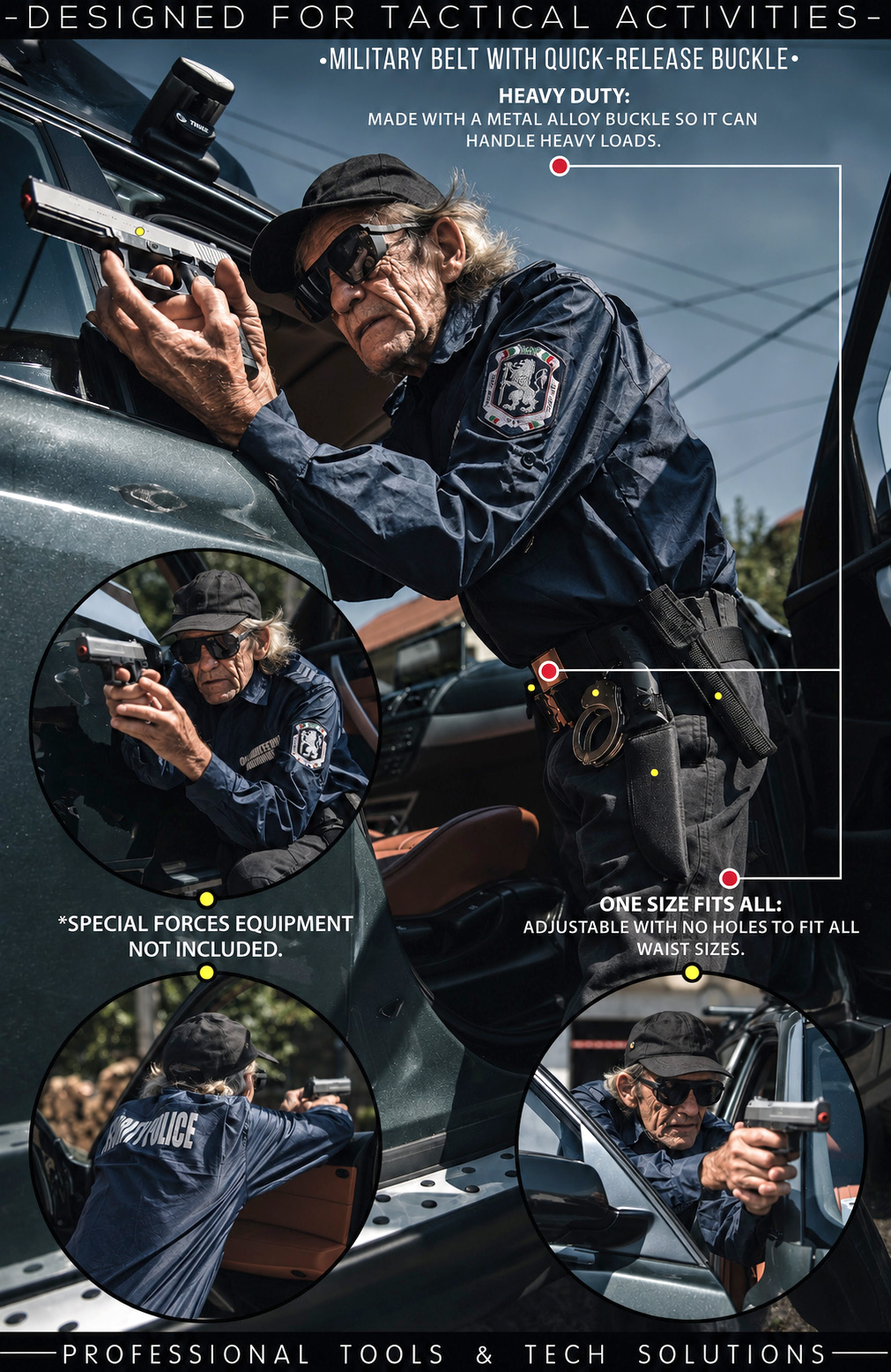 Peak Pro Gear tactical belt shown in action-focused lifestyle photography with a uniformed user demonstrating the belt, quick-release buckle, carried equipment, and tactical use near a vehicle.