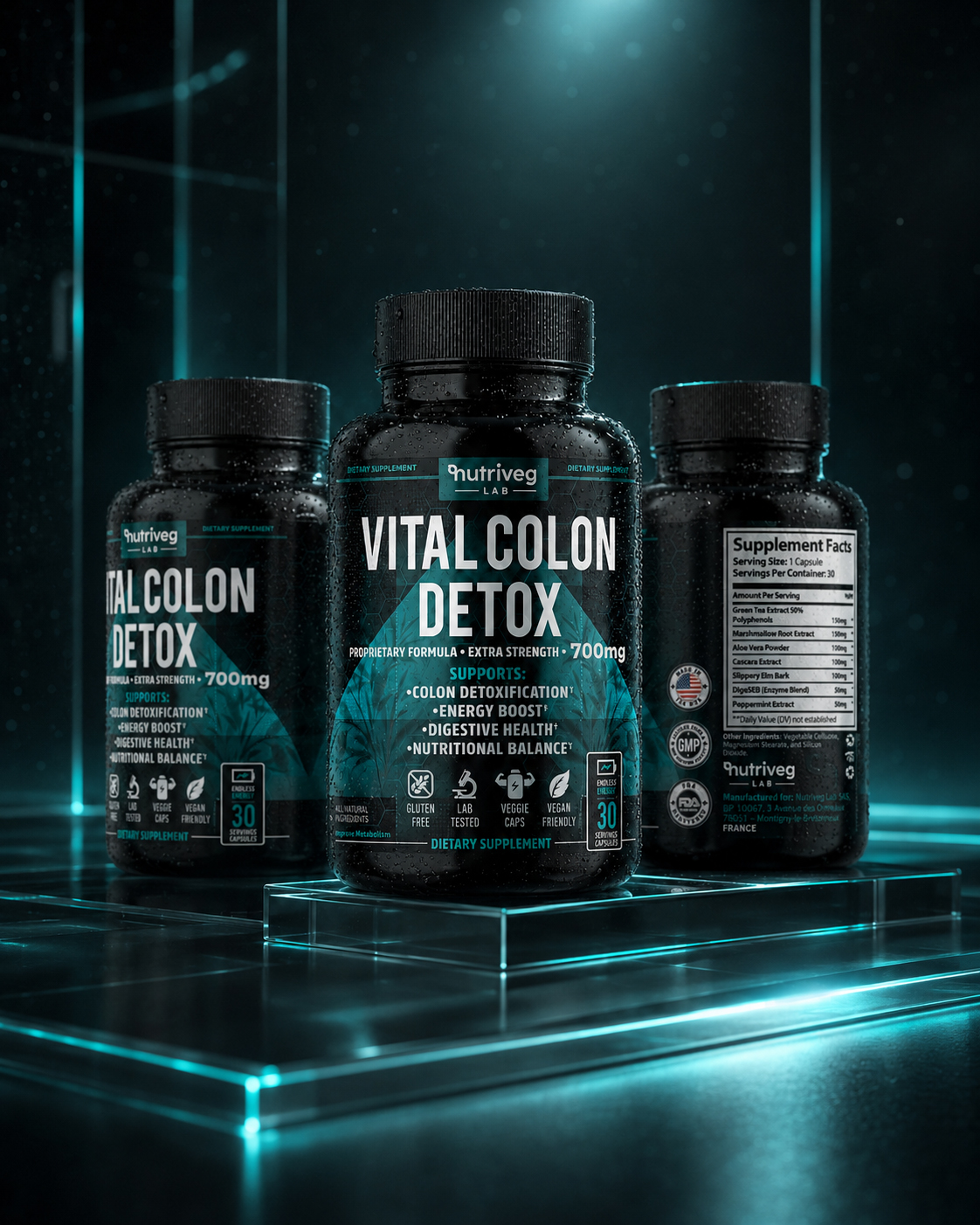 Three Vital Colon Detox supplement bottles presented in a premium e-commerce product scene with the front label and supplement facts visible.