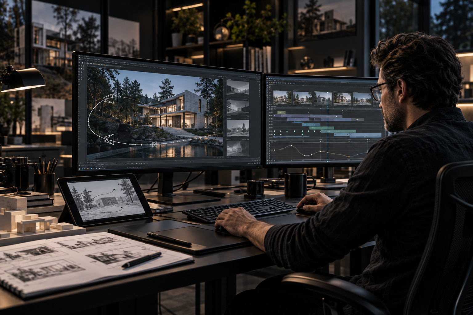 Designer working across two monitors to edit a 3D architectural animation sequence, including camera path planning, timeline adjustments, render previews, and motion refinement.