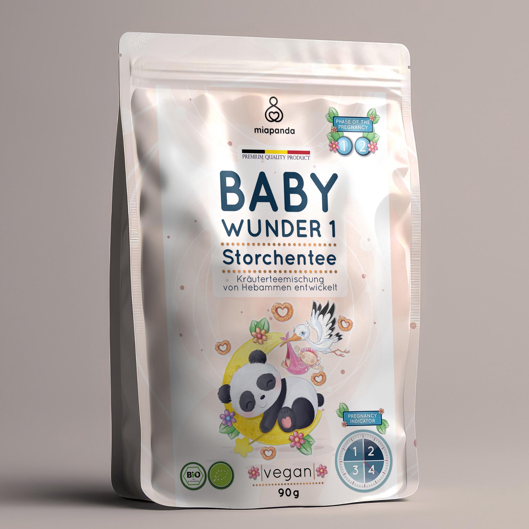 Photorealistic 3D product visualization of Baby Wunder 1 pregnancy herbal tea in a resealable pouch with illustrated packaging, pregnancy phase indicators, and vegan product labeling.