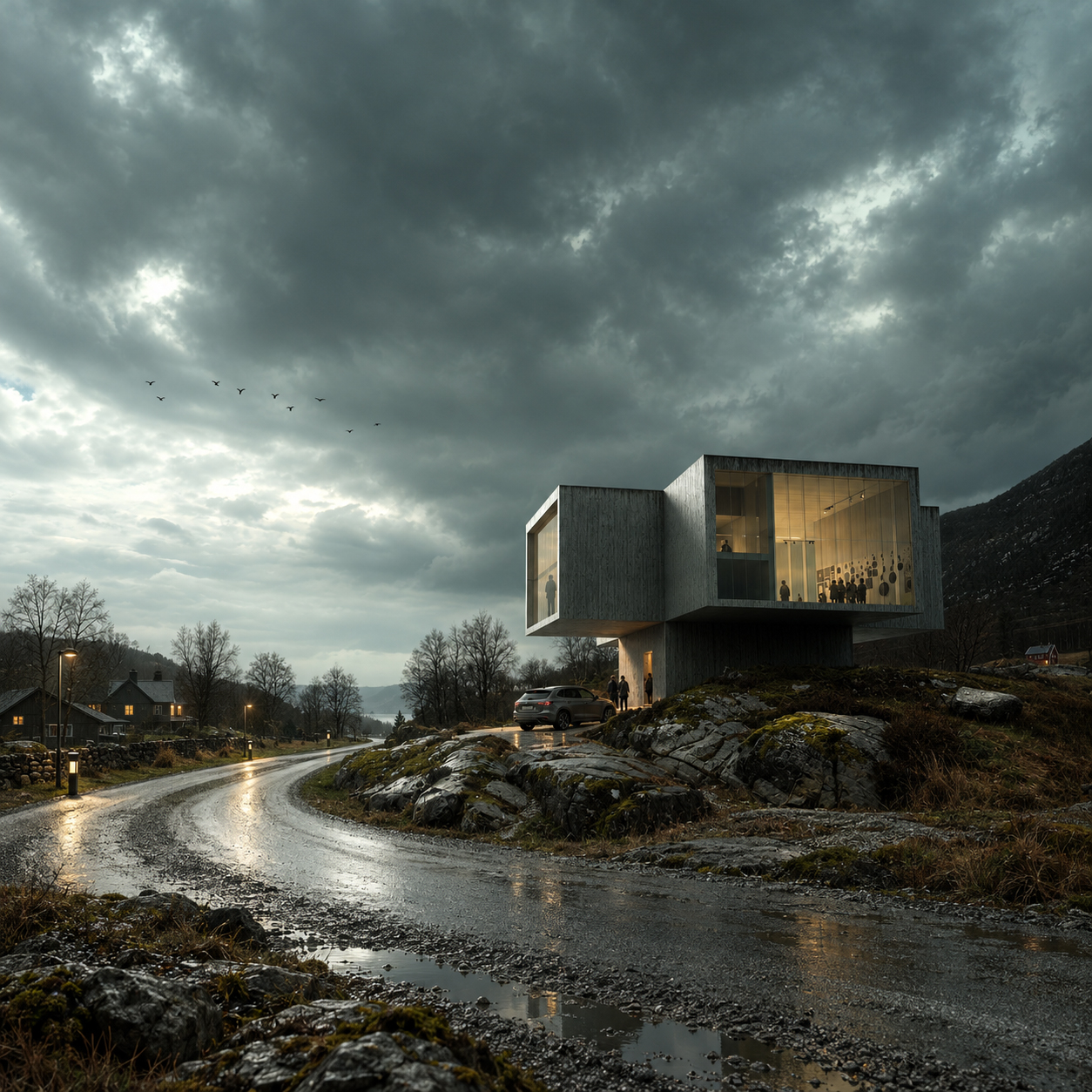 Cinematic 3D architectural visualization of a contemporary cantilevered building set within a rocky mountainous landscape under dramatic storm clouds, with illuminated interiors, wet roads, surrounding vegetation, and atmospheric environmental detail.