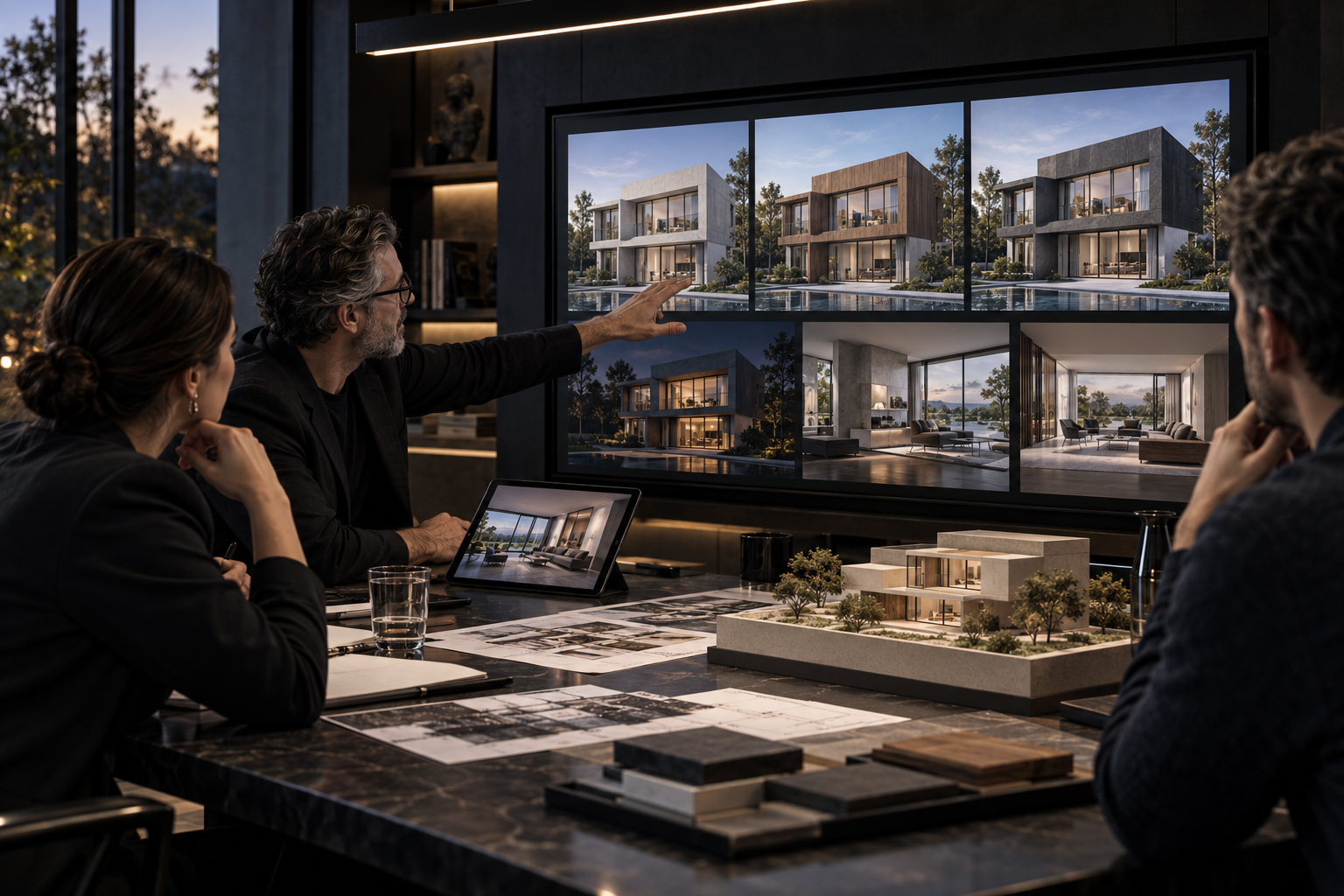 Team reviewing multiple residential exterior and interior render options on a presentation screen with a tablet, printed layouts, and a physical architectural model on the table.