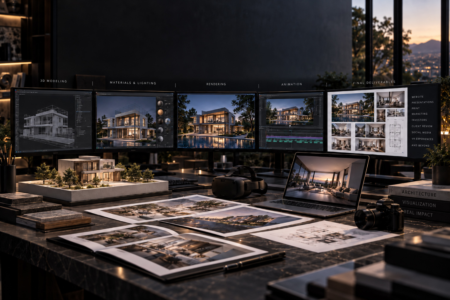 Complete 3D visualization workflow presented across multiple studio monitors, showing architectural modeling, materials and lighting, final rendering, animation, and multi-format deliverables alongside a physical model, VR headset, printed visuals, and presentation materials.