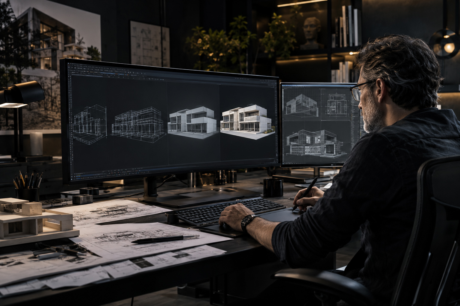 Designer working at a dual-monitor workstation while developing a residential 3D model from wireframe structure to refined architectural form using technical drawings and digital studies.