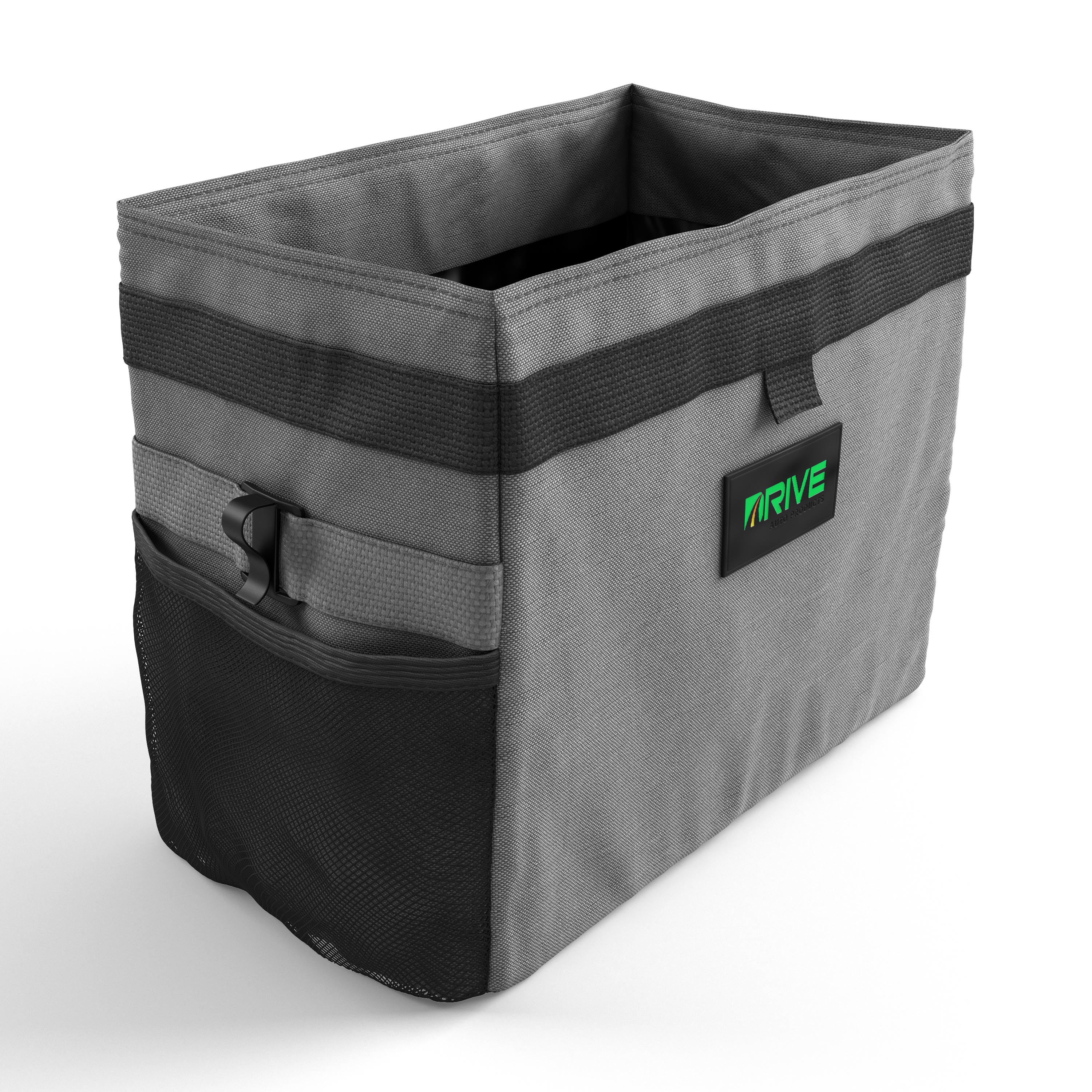 Photorealistic 3D product visualization of a gray fabric storage organizer with reinforced straps, side buckle, mesh pocket, stitched details, and branded label on a white background.