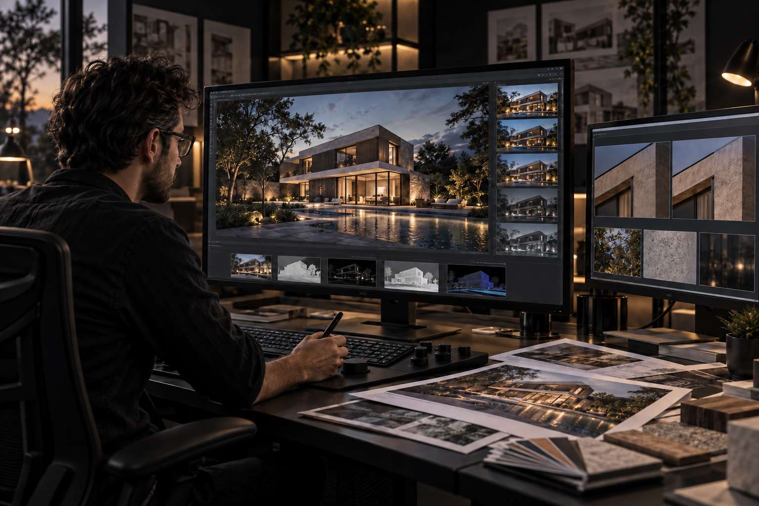 Designer reviewing a final luxury residential render together with supporting image variations, close-up material details, and printed presentation sheets in a studio setting.