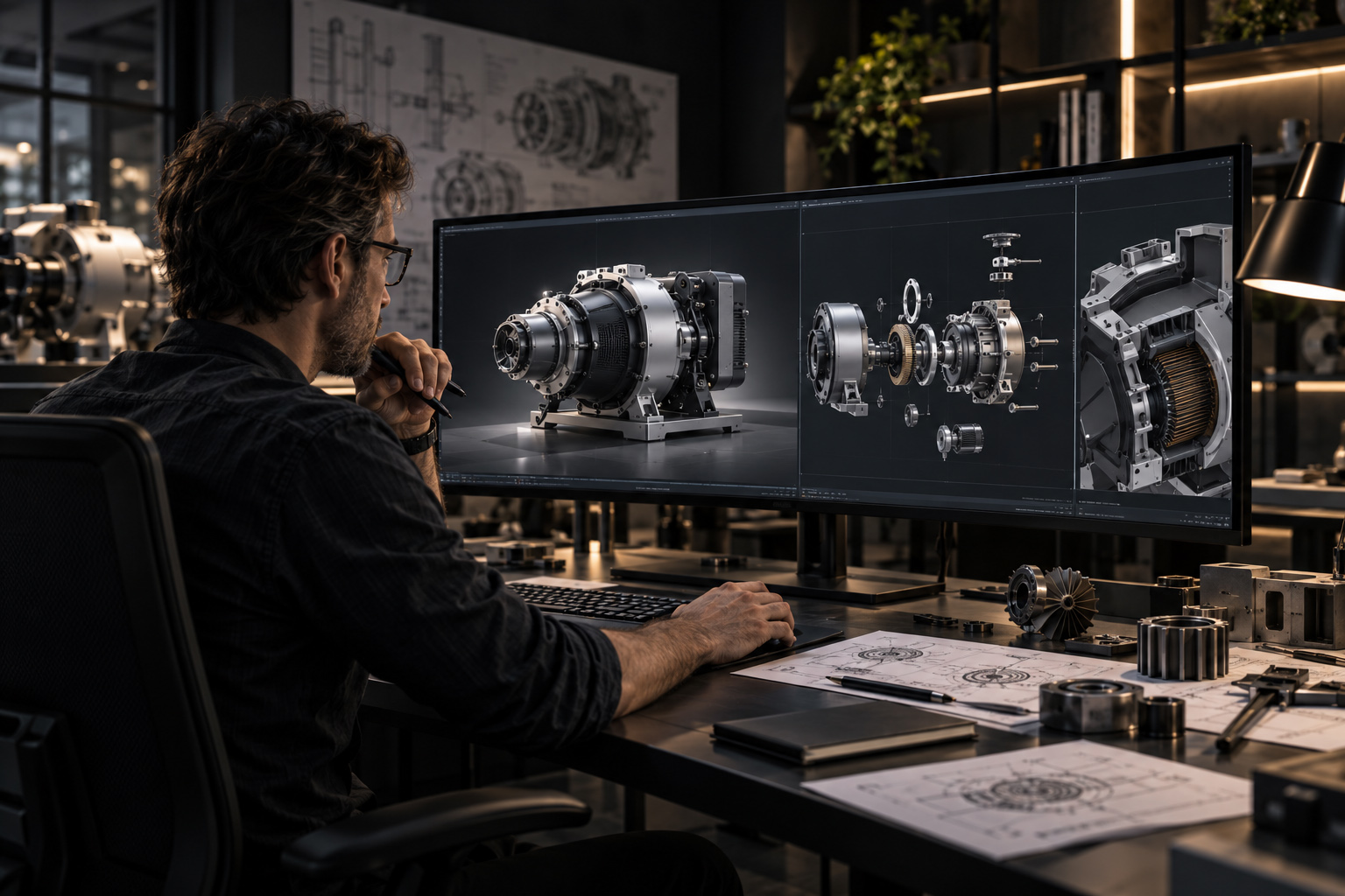 Designer reviewing a high-detail industrial product visualization with exploded assembly views, component breakdowns, and technical render panels displayed across large monitors.