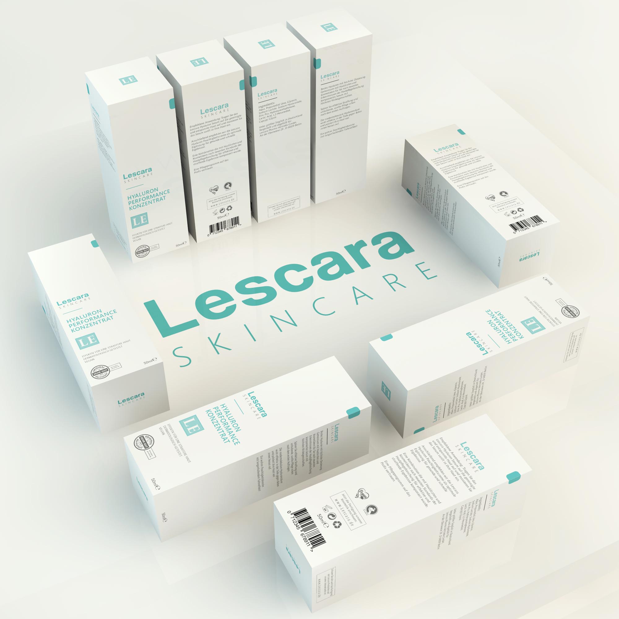 Photorealistic 3D product visualization of Lescara Skincare packaging boxes arranged in a clean premium composition with white surfaces, turquoise branding, and detailed product information.