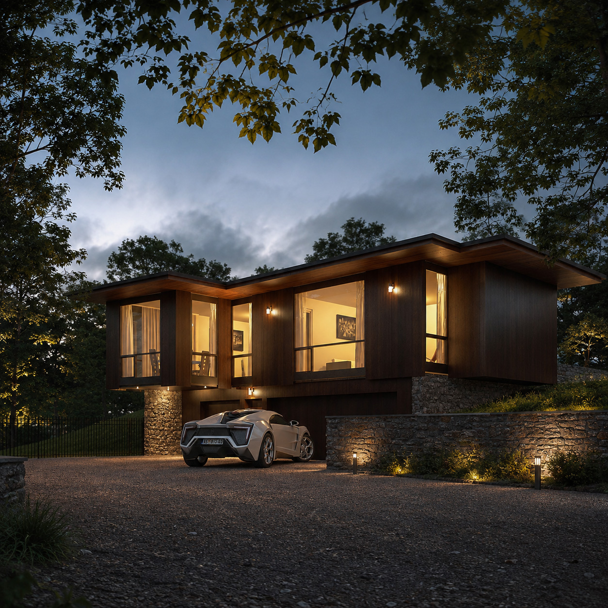 Photorealistic 3D architectural visualization of a modern luxury home at twilight with dark timber cladding, stone walls, warm interior lighting, landscaped surroundings, and a sports car.