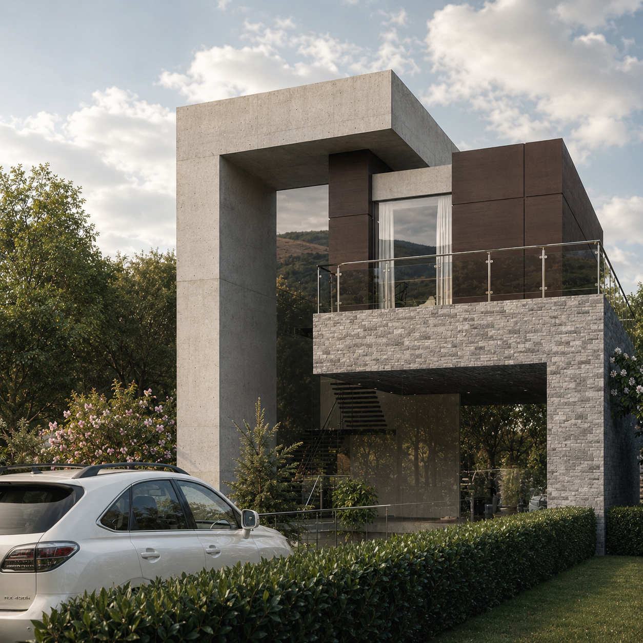 Photorealistic 3D architectural visualization of a modern luxury residence with concrete framing, dark cladding, stone facade, glass balcony, landscaping, and a parked car.