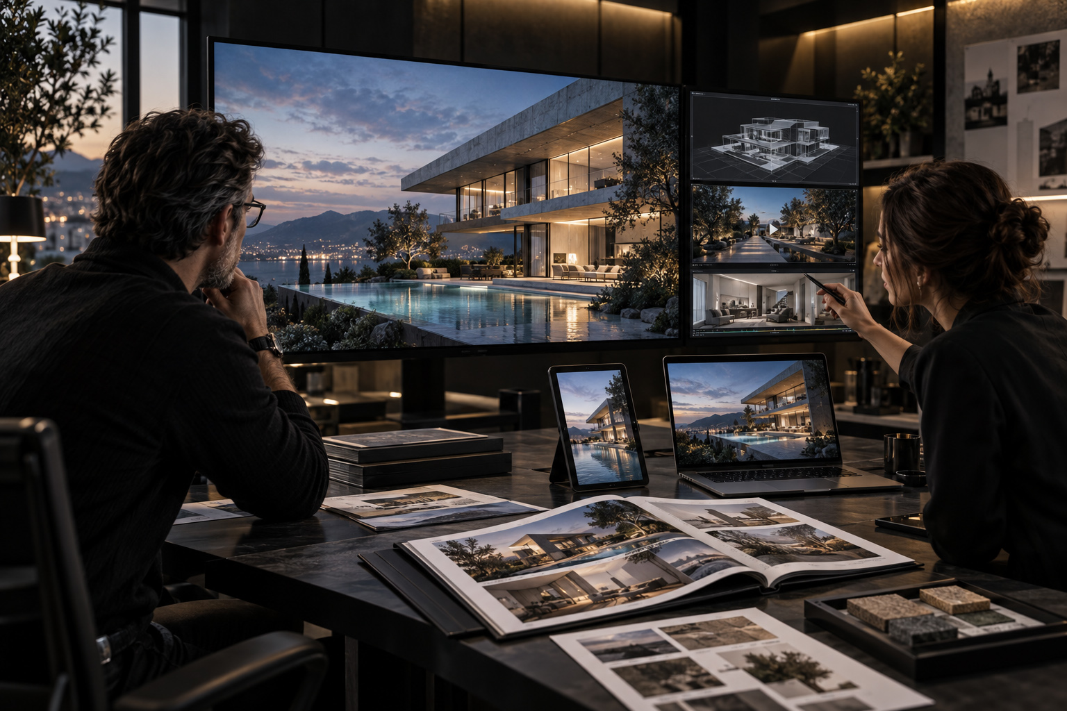 Two designers reviewing a completed architectural visualization across a large presentation screen, tablet, laptop, printed boards, and an open presentation book in a studio meeting.