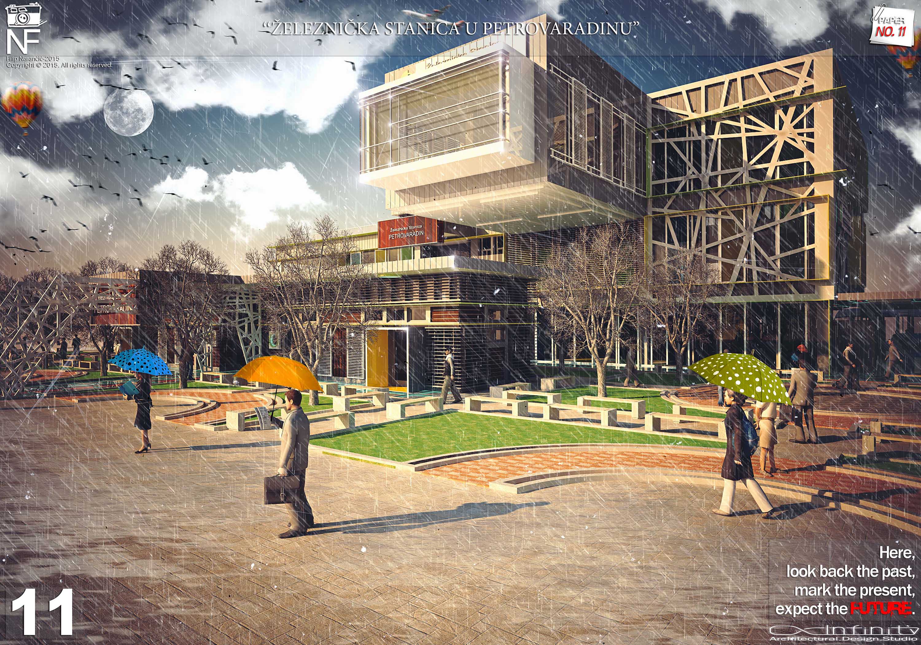 Conceptual 3D architectural visualization of the Petrovaradin railway station showing a contemporary transport complex, public plaza, landscaping, pedestrians, and dramatic rainy weather.