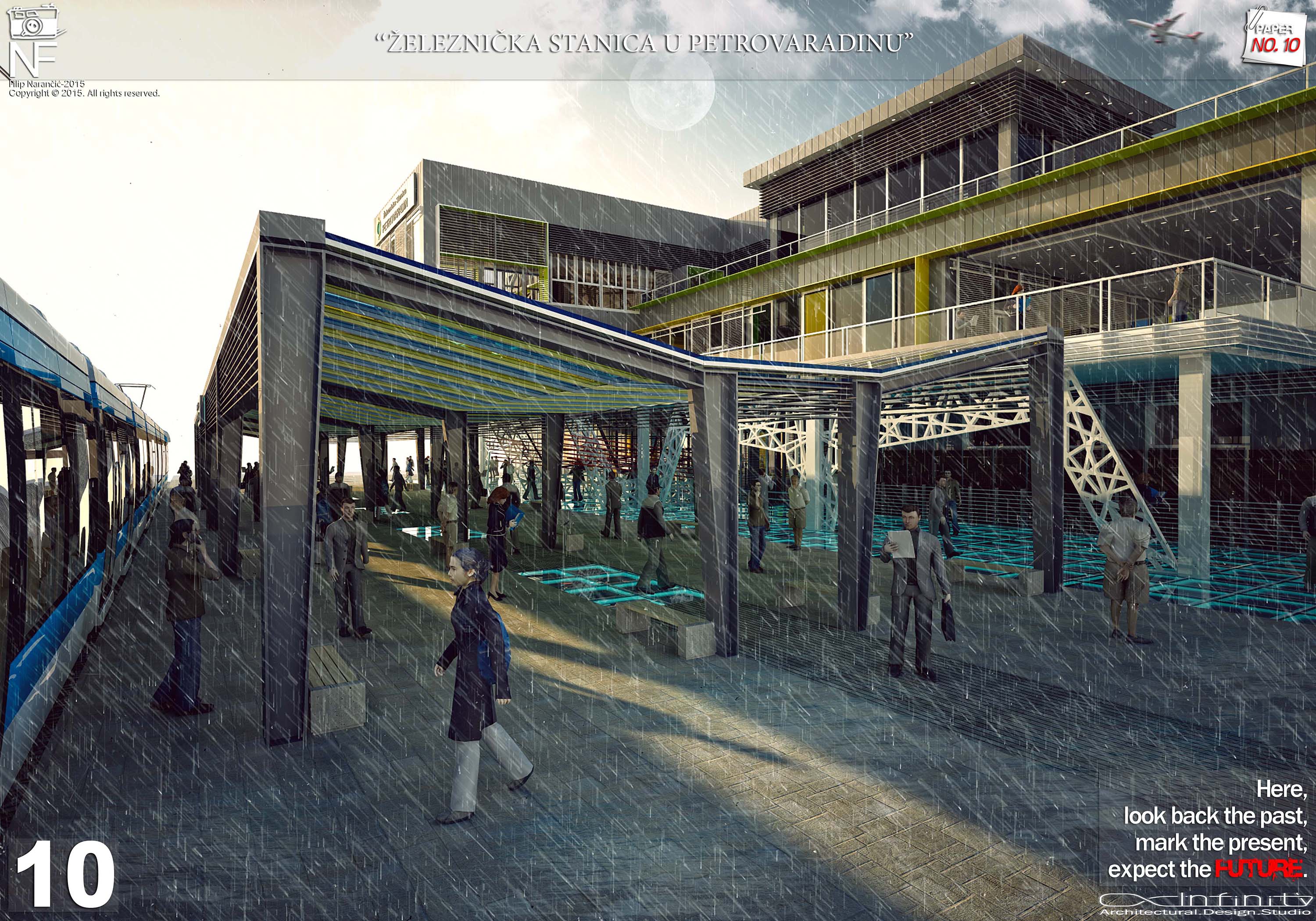 Atmospheric 3D architectural visualization of the Petrovaradin railway station platform showing a train, passengers, covered circulation, structural elements, and rainy weather conditions.