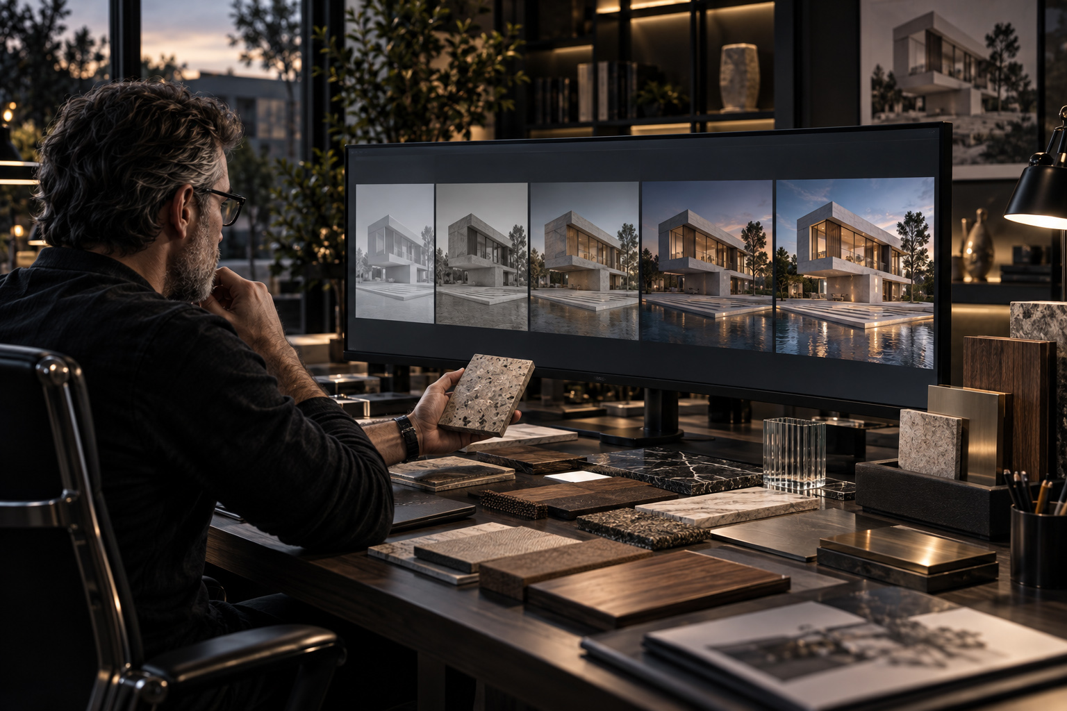 Designer reviewing an architectural render-development sequence on a widescreen monitor while holding a material sample and comparing finishes across multiple stages of the same residence.