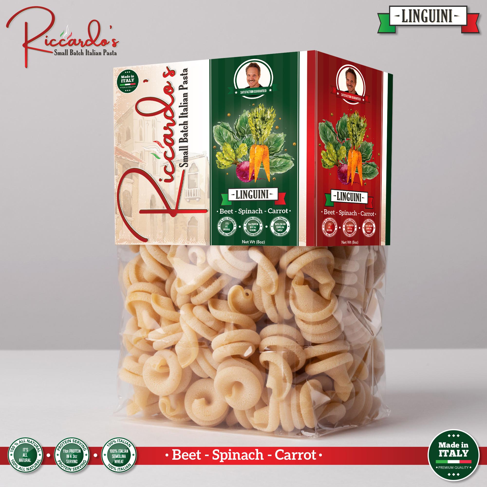 Photorealistic 3D product visualization of Riccardo’s Small Batch Italian Pasta packaging with transparent pasta bag, branded paper sleeve, Italian color palette, and linguini product presentation.
